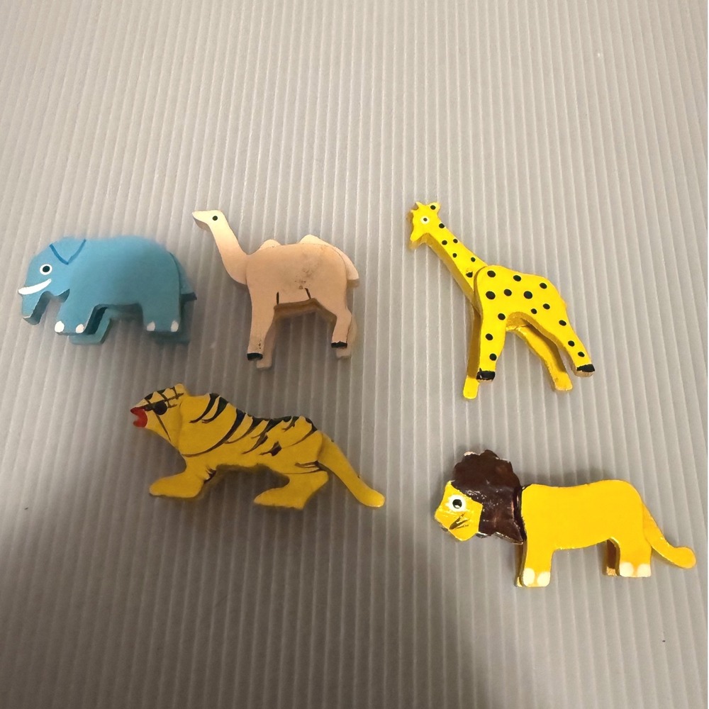 Vintage Wooden Animal Candle Holder Set of 5 Excellent Safari Folk Art Birthday